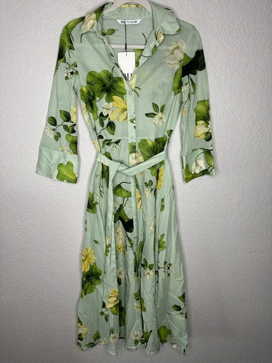 NWT Zara ZW Collection Green Floral Button Down Shirt Dress Midi w/ Belt XS - Picture 3 of 9